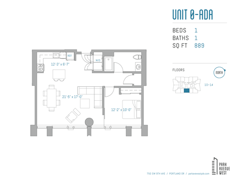 Floor plan for 1 bed, 1 bath, 889 sqft